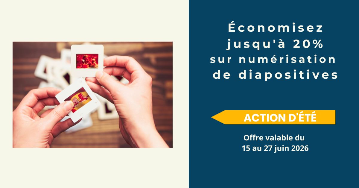 Economisez jusqu'à 20% sur numérisation de diapositives. Action d'été. Offre valable du 15 au 27 juin 2026.
