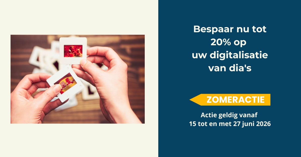 Zomeractie, bespaar nu tot 20% op uw digitalisatie van dia's. Actie geldig vanaf 15 tot en met 27 juni 2026.